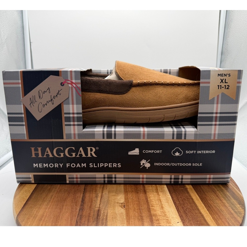 Haggar Men's 11-12 XL‎ Moccasin Slippers Tan Brown Faux Suede Plaid Fleece 0689